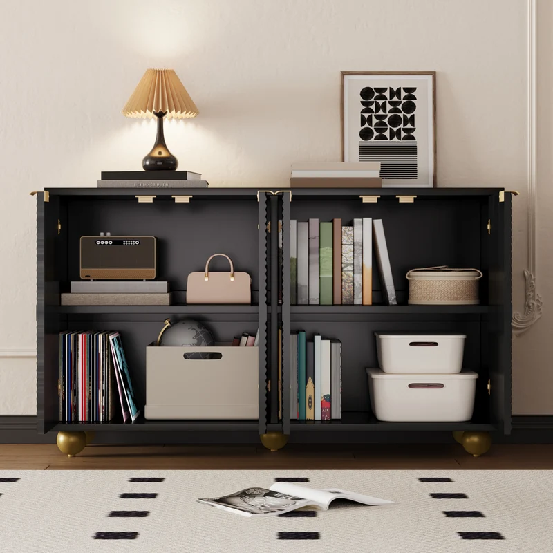 Buffet noir art déco 4 portes sculptées pieds boule, poignées dorés 120x35x71,5cm RIFTZORATHYNOR