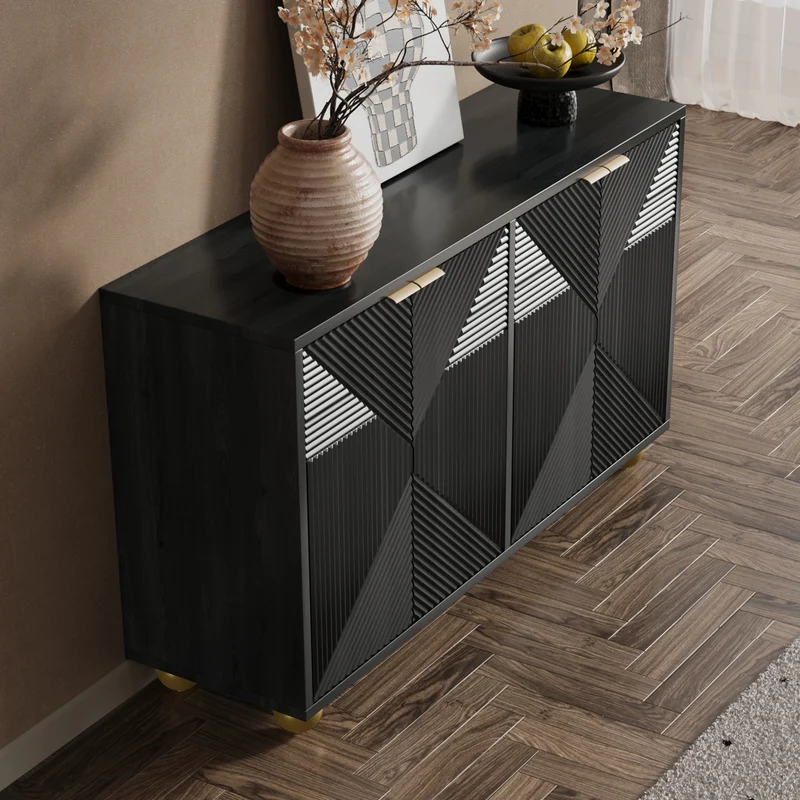 Buffet noir art déco 4 portes sculptées pieds boule, poignées dorés 120x35x71,5cm RIFTZORATHYNOR