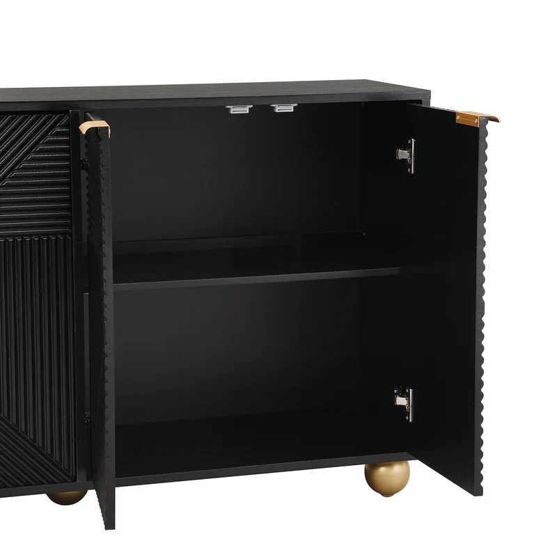 Buffet noir art déco 4 portes sculptées pieds boule, poignées dorés 120x35x71,5cm RIFTZORATHYNOR