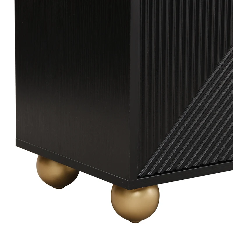 Buffet noir art déco 4 portes sculptées pieds boule, poignées dorés 120x35x71,5cm RIFTZORATHYNOR