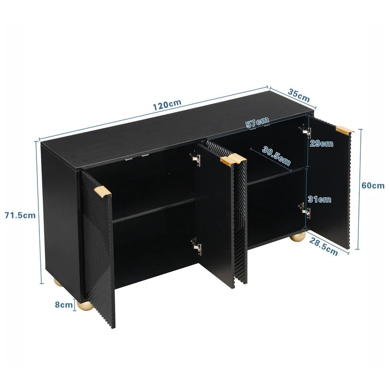 Buffet noir art déco 4 portes sculptées pieds boule, poignées dorés 120x35x71,5cm RIFTZORATHYNOR