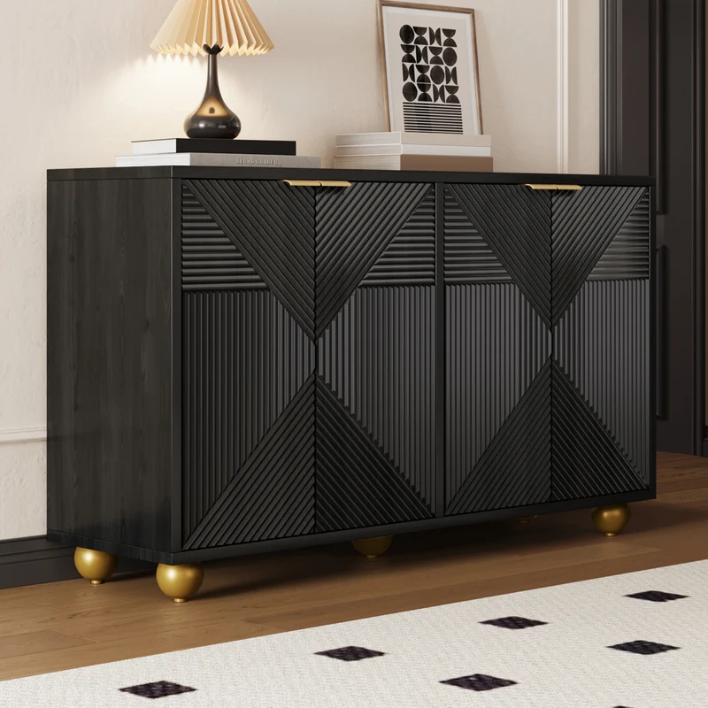 Buffet noir art déco 4 portes sculptées pieds boule, poignées dorés 120x35x71,5cm RIFTZORATHYNOR