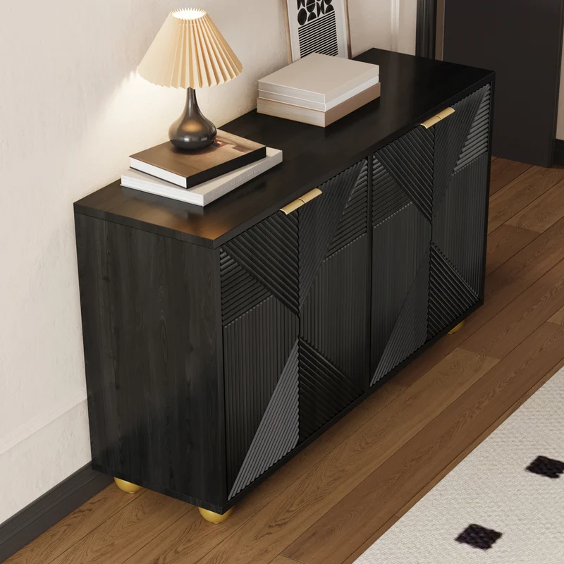Buffet noir art déco 4 portes sculptées pieds boule, poignées dorés 120x35x71,5cm RIFTZORATHYNOR