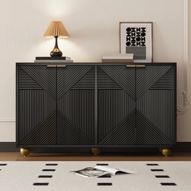 Buffet noir art déco 4 portes sculptées pieds boule, poignées dorés 120x35x71,5cm RIFTZORATHYNOR