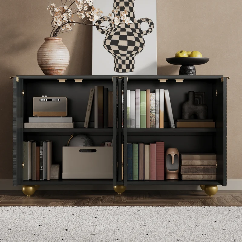 Buffet noir art déco 4 portes sculptées pieds boule, poignées dorés 120x35x71,5cm RIFTZORATHYNOR