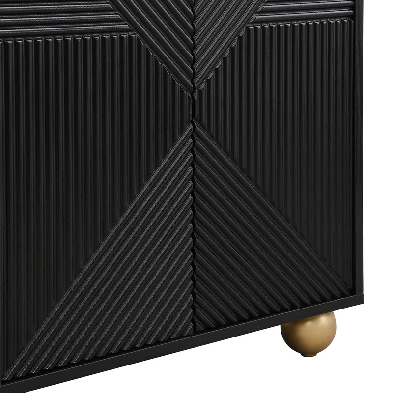 Buffet noir art déco 4 portes sculptées pieds boule, poignées dorés 120x35x71,5cm RIFTZORATHYNOR