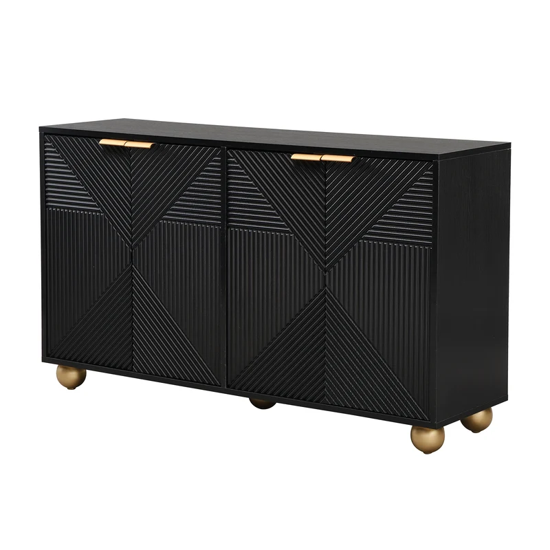 Buffet noir art déco 4 portes sculptées pieds boule, poignées dorés 120x35x71,5cm RIFTZORATHYNOR