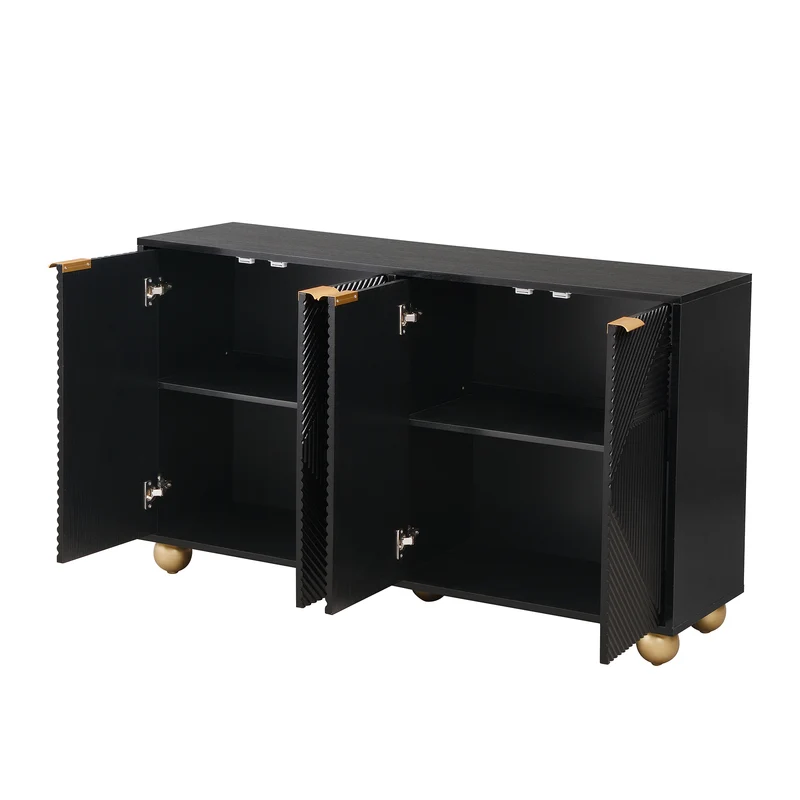 Buffet noir art déco 4 portes sculptées pieds boule, poignées dorés 120x35x71,5cm RIFTZORATHYNOR