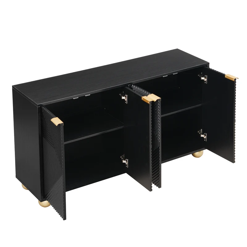 Buffet noir art déco 4 portes sculptées pieds boule, poignées dorés 120x35x71,5cm RIFTZORATHYNOR