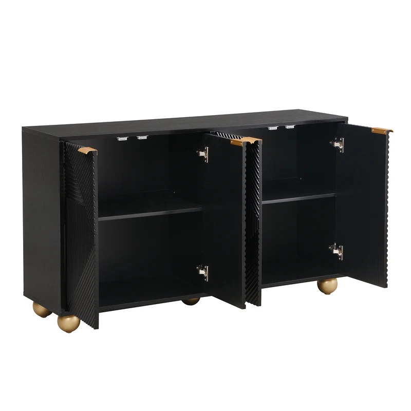 Buffet noir art déco 4 portes sculptées pieds boule, poignées dorés 120x35x71,5cm RIFTZORATHYNOR