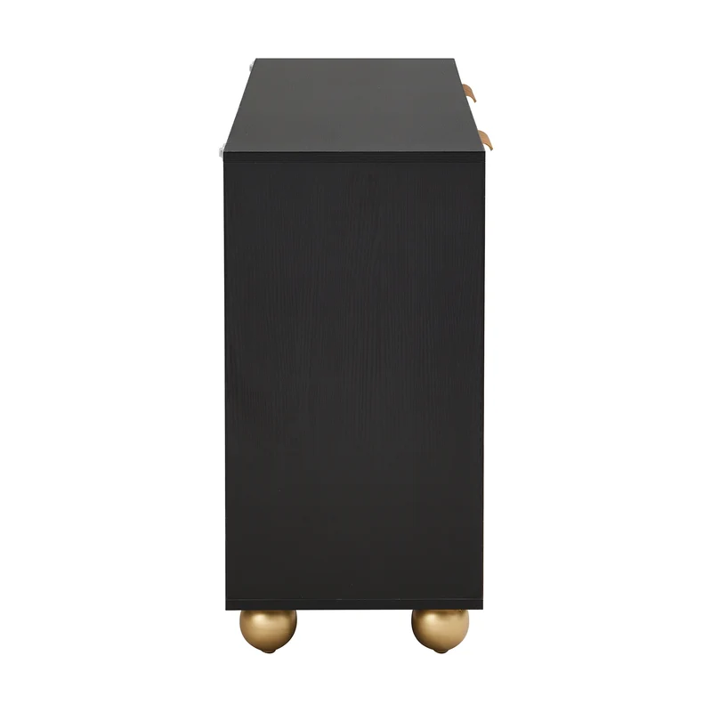 Buffet noir art déco 4 portes sculptées pieds boule, poignées dorés 120x35x71,5cm RIFTZORATHYNOR