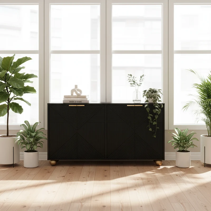 Buffet noir art déco 4 portes sculptées pieds boule, poignées dorés 120x35x71,5cm RIFTZORATHYNOR