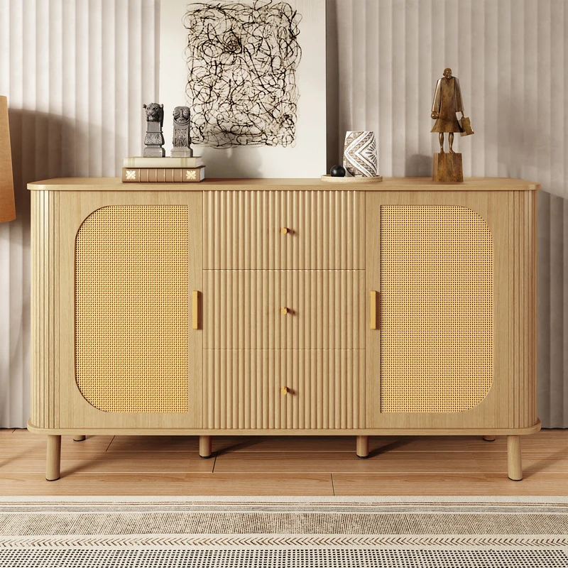 Buffet effet bois naturel style bohème cannelées et rotin, détails dorés 140x40x80cm RIFTVYNRAK