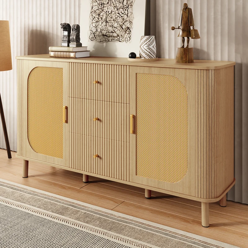 Buffet effet bois naturel style bohème cannelées et rotin, détails dorés 140x40x80cm RIFTVYNRAK