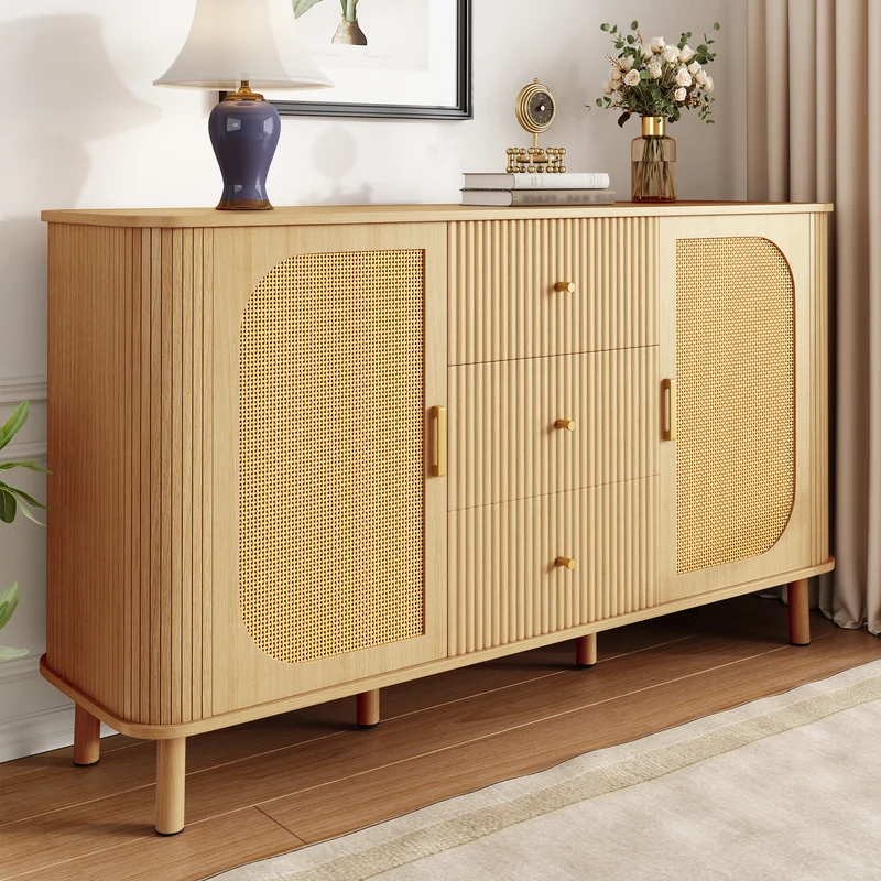 Buffet effet bois naturel style bohème cannelées et rotin, détails dorés 140x40x80cm RIFTVYNRAK