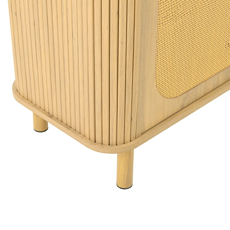 Buffet effet bois naturel style bohème cannelées et rotin, détails dorés 140x40x80cm RIFTVYNRAK