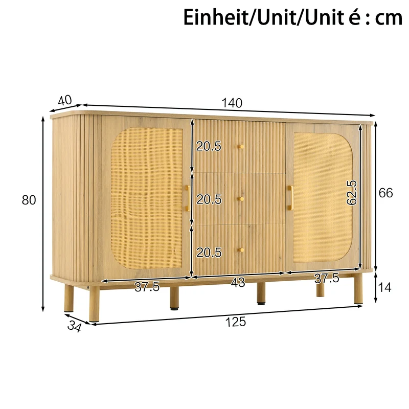 Buffet effet bois naturel style bohème cannelées et rotin, détails dorés 140x40x80cm RIFTVYNRAK