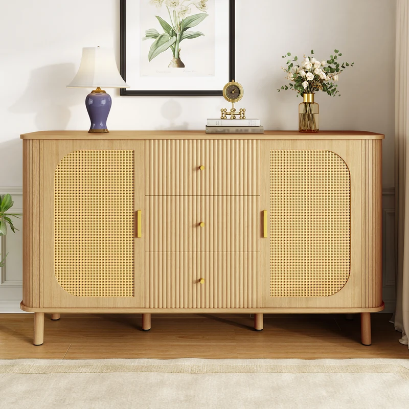 Buffet effet bois naturel style bohème cannelées et rotin, détails dorés 140x40x80cm RIFTVYNRAK