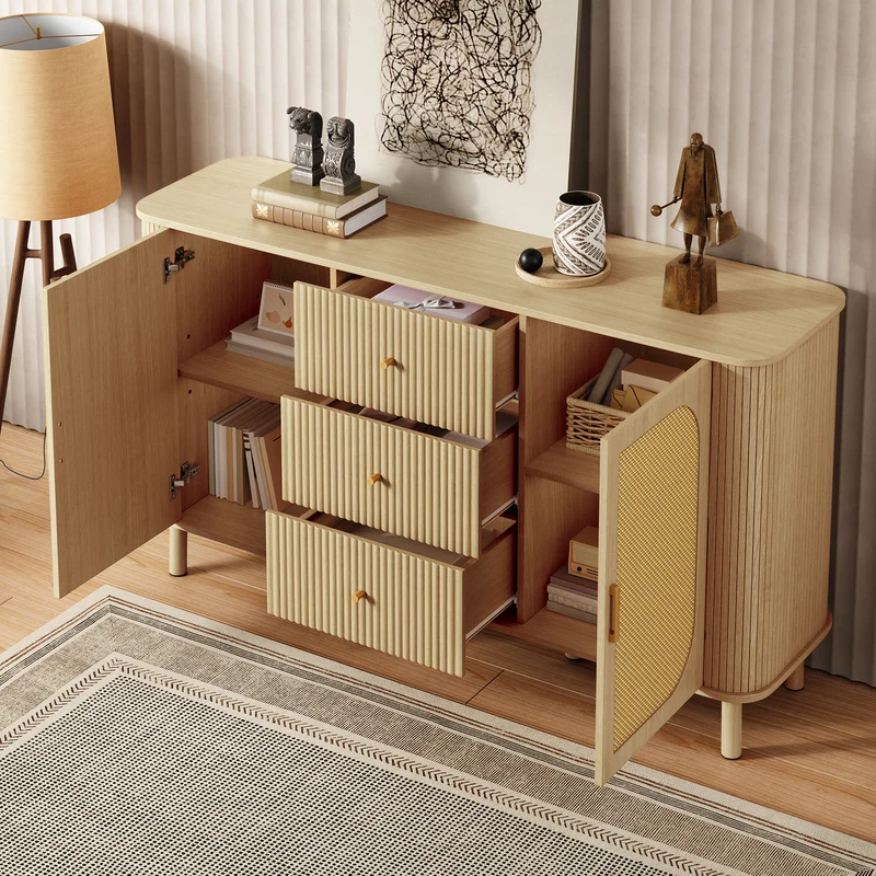 Buffet effet bois naturel style bohème cannelées et rotin, détails dorés 140x40x80cm RIFTVYNRAK
