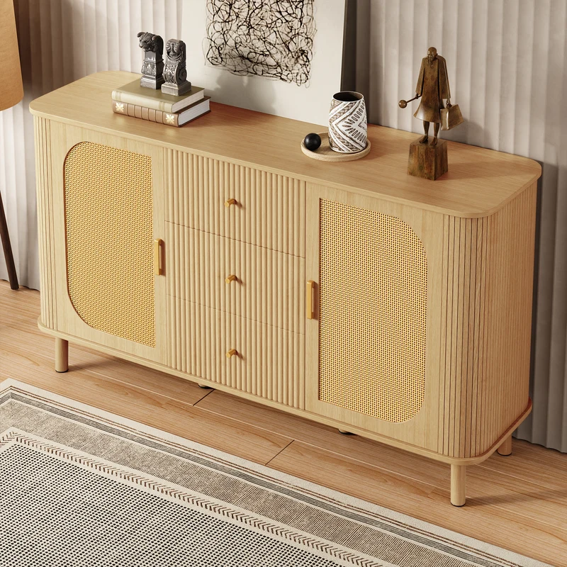 Buffet effet bois naturel style bohème cannelées et rotin, détails dorés 140x40x80cm RIFTVYNRAK