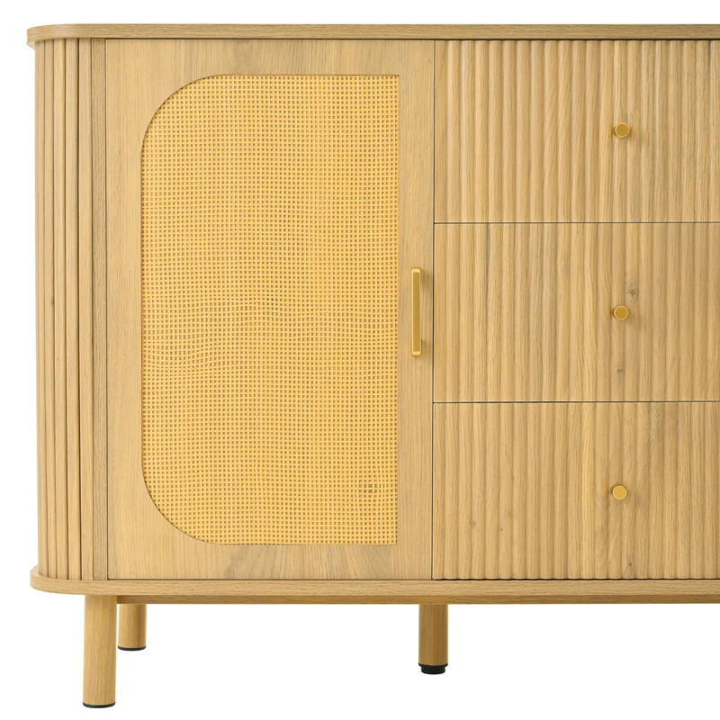 Buffet effet bois naturel style bohème cannelées et rotin, détails dorés 140x40x80cm RIFTVYNRAK