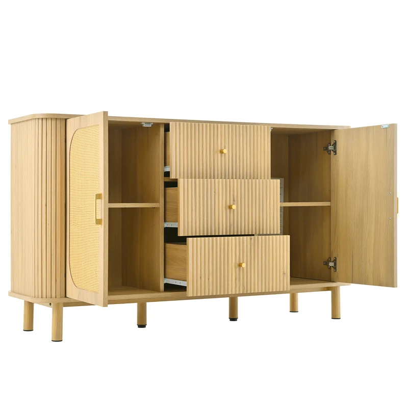 Buffet effet bois naturel style bohème cannelées et rotin, détails dorés 140x40x80cm RIFTVYNRAK
