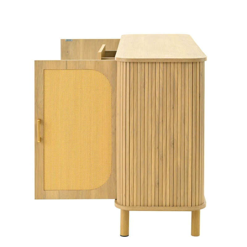 Buffet effet bois naturel style bohème cannelées et rotin, détails dorés 140x40x80cm RIFTVYNRAK