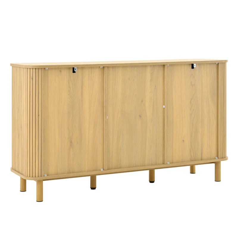 Buffet effet bois naturel style bohème cannelées et rotin, détails dorés 140x40x80cm RIFTVYNRAK