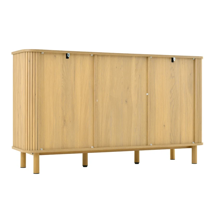 Buffet effet bois naturel style bohème cannelées et rotin, détails dorés 140x40x80cm RIFTVYNRAK