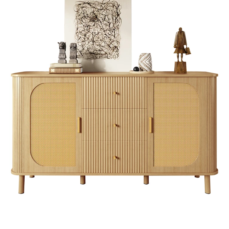 Buffet effet bois naturel style bohème cannelées et rotin, détails dorés 140x40x80cm RIFTVYNRAK