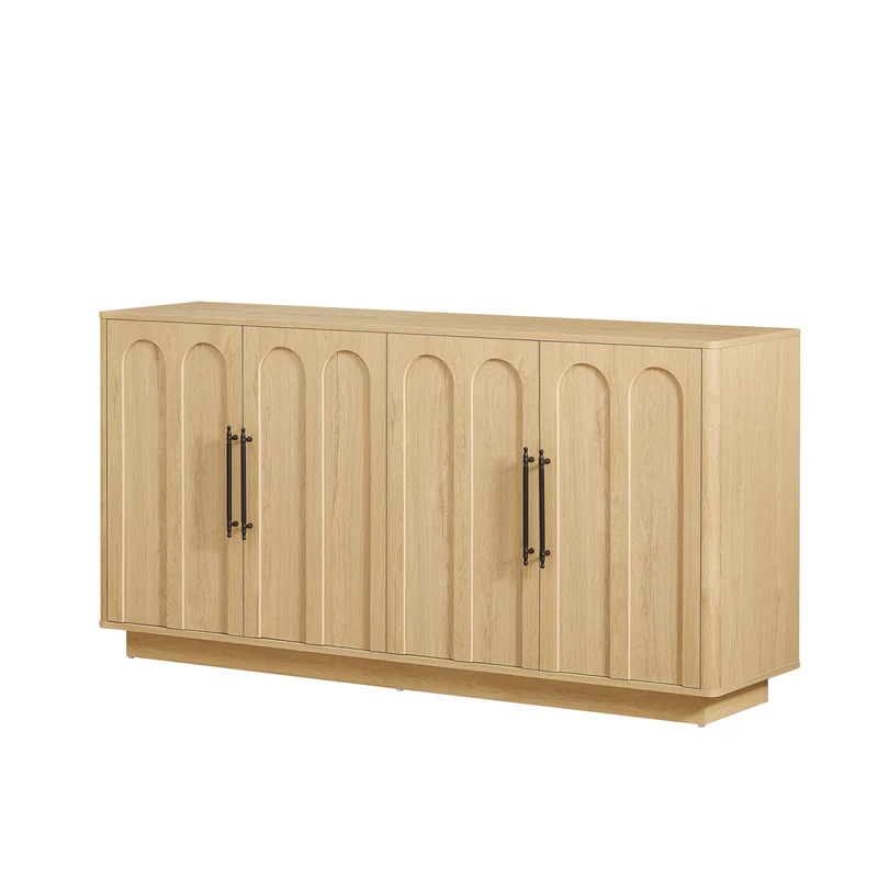 Buffet effet bois chêne motif d'arche gravé poignées noires 160*40*80cm VERTEXMYRKONATH