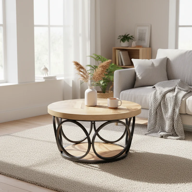 Table basse ronde effet bois avec motif chevron design d'anneaux entrelacés métallique 80x80x43cm VERTEXSYLTH