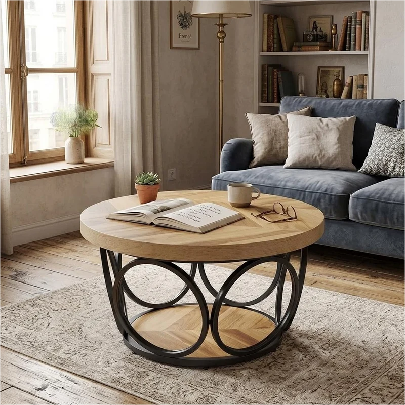 Table basse ronde effet bois avec motif chevron design d'anneaux entrelacés métallique 80x80x43cm VERTEXSYLTH