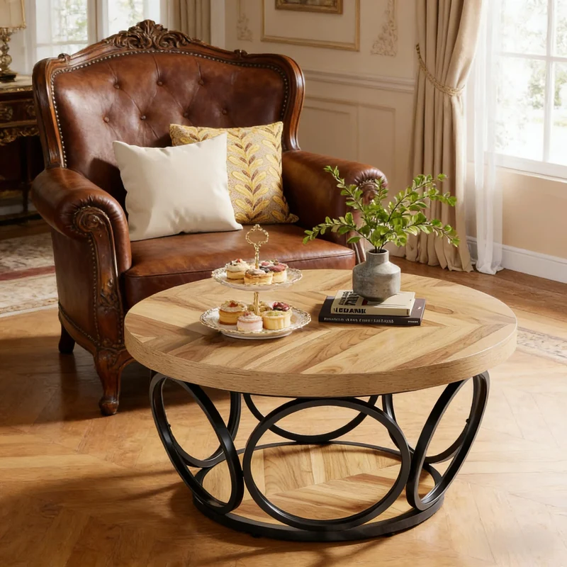 Table basse ronde effet bois avec motif chevron design d'anneaux entrelacés métallique 80x80x43cm VERTEXSYLTH