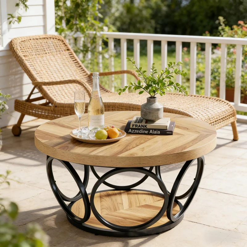 Table basse ronde effet bois avec motif chevron design d'anneaux entrelacés métallique 80x80x43cm VERTEXSYLTH