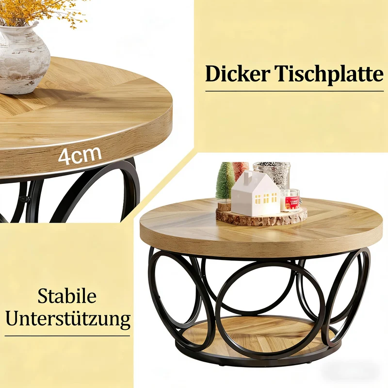 Table basse ronde effet bois avec motif chevron design d'anneaux entrelacés métallique 80x80x43cm VERTEXSYLTH