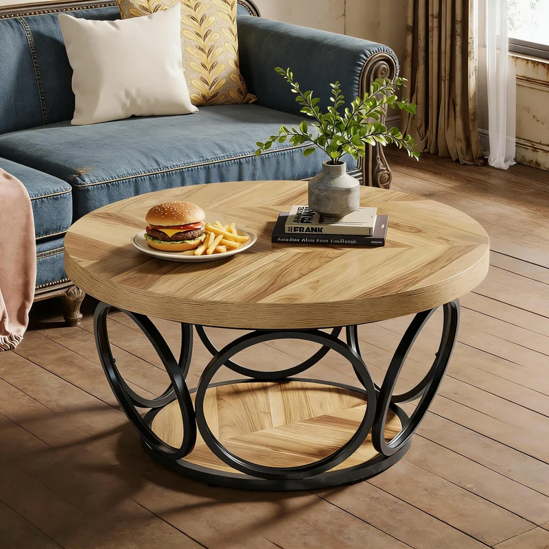 Table basse ronde effet bois avec motif chevron design d'anneaux entrelacés métallique 80x80x43cm VERTEXSYLTH