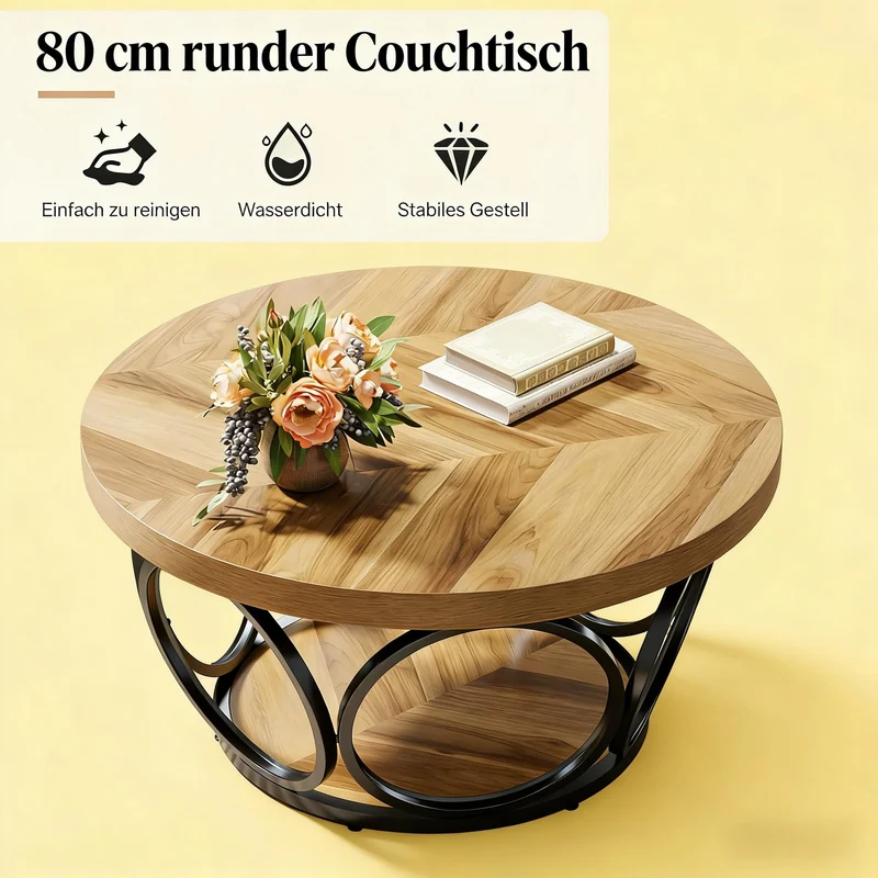 Table basse ronde effet bois avec motif chevron design d'anneaux entrelacés métallique 80x80x43cm VERTEXSYLTH
