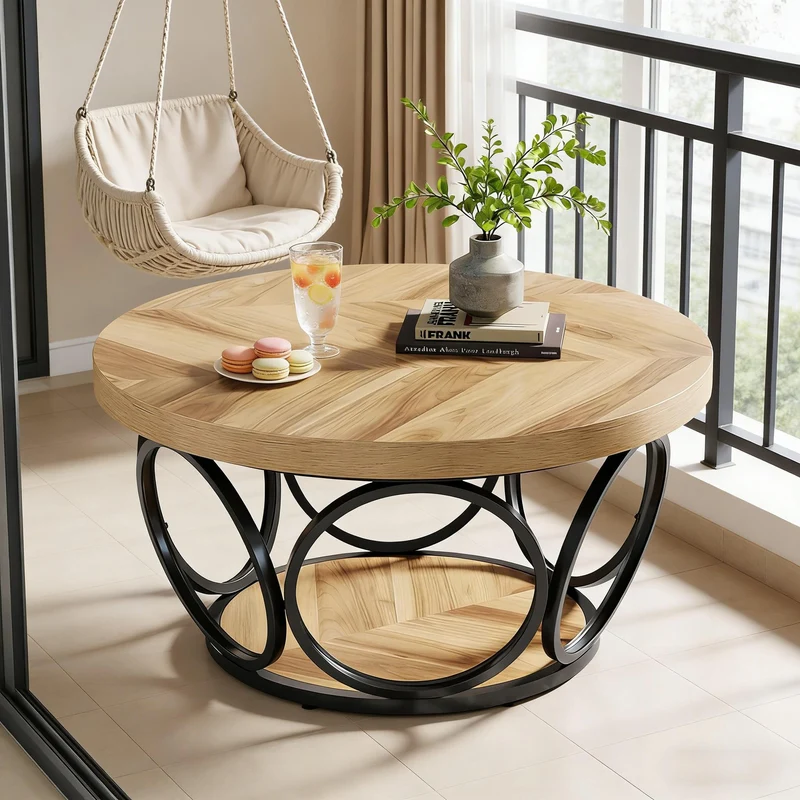 Table basse ronde effet bois avec motif chevron design d'anneaux entrelacés métallique 80x80x43cm VERTEXSYLTH