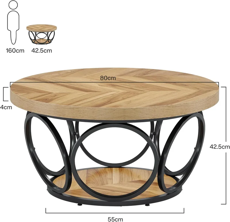 Table basse ronde effet bois avec motif chevron design d'anneaux entrelacés métallique 80x80x43cm VERTEXSYLTH