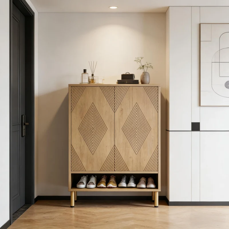 Meuble à chaussures effet bois motif géométrique 7 niveaux grande capacité 73x35x115cm VERTEXZORVAK