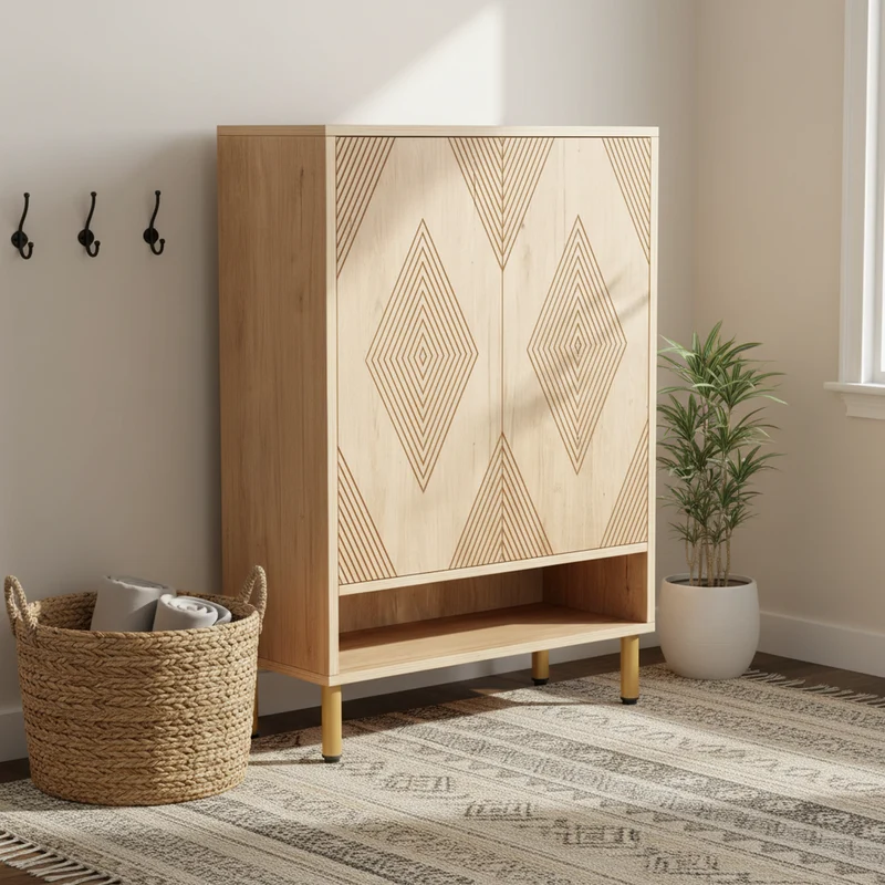 Meuble à chaussures effet bois motif géométrique 7 niveaux grande capacité 73x35x115cm VERTEXZORVAK