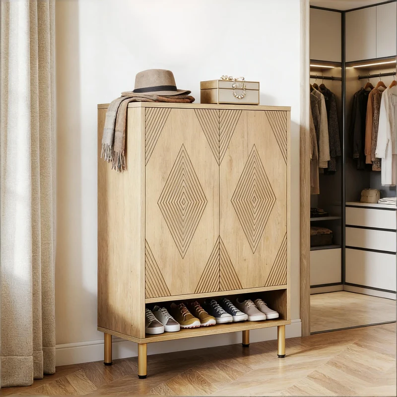 Meuble à chaussures effet bois motif géométrique 7 niveaux grande capacité 73x35x115cm VERTEXZORVAK