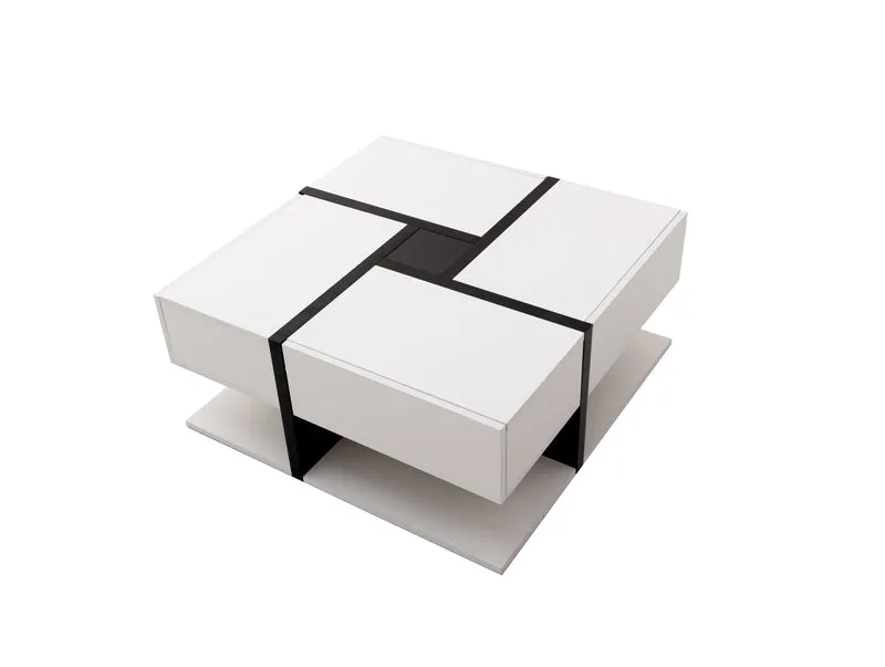 Table basse carrée brillant bicolore blanc et noir géométrique 4 tiroirs 78x78x36cm AEGISSYTH