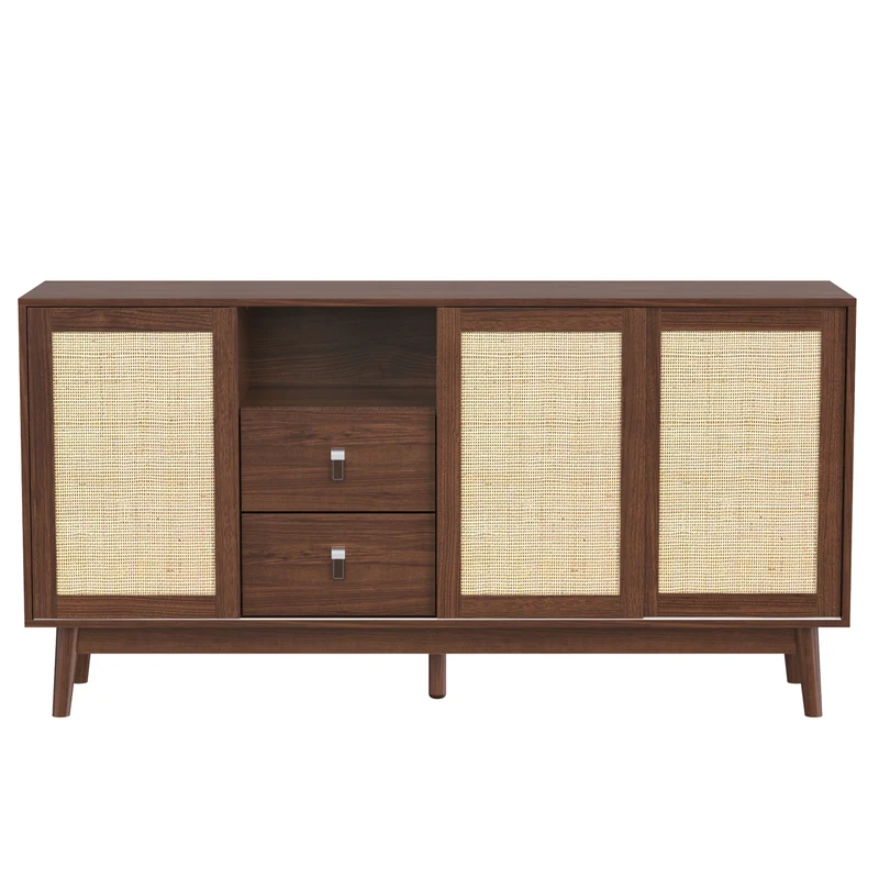Buffet effet bois noyer avec 3 portes coulissantes en rotin et 2 tiroirs 155x38x80cm USOH WALNUT