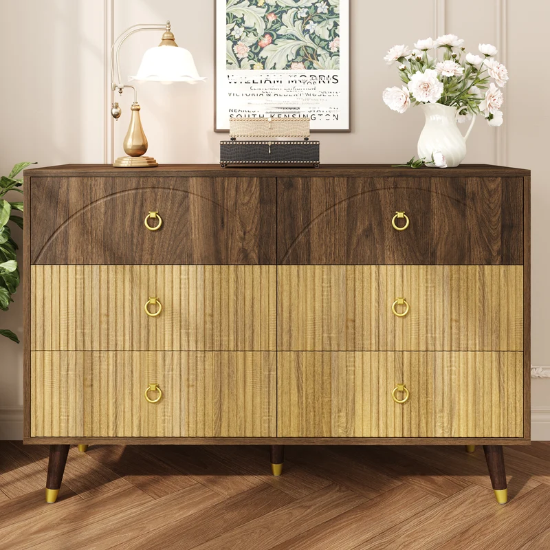 Buffet bois bicolore noyer et naturel avec accents dorés 120x40x81cm DRAPERY