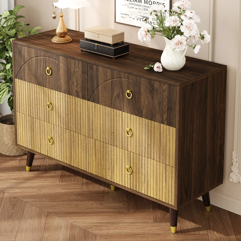 Buffet bois bicolore noyer et naturel avec accents dorés 120x40x81cm DRAPERY