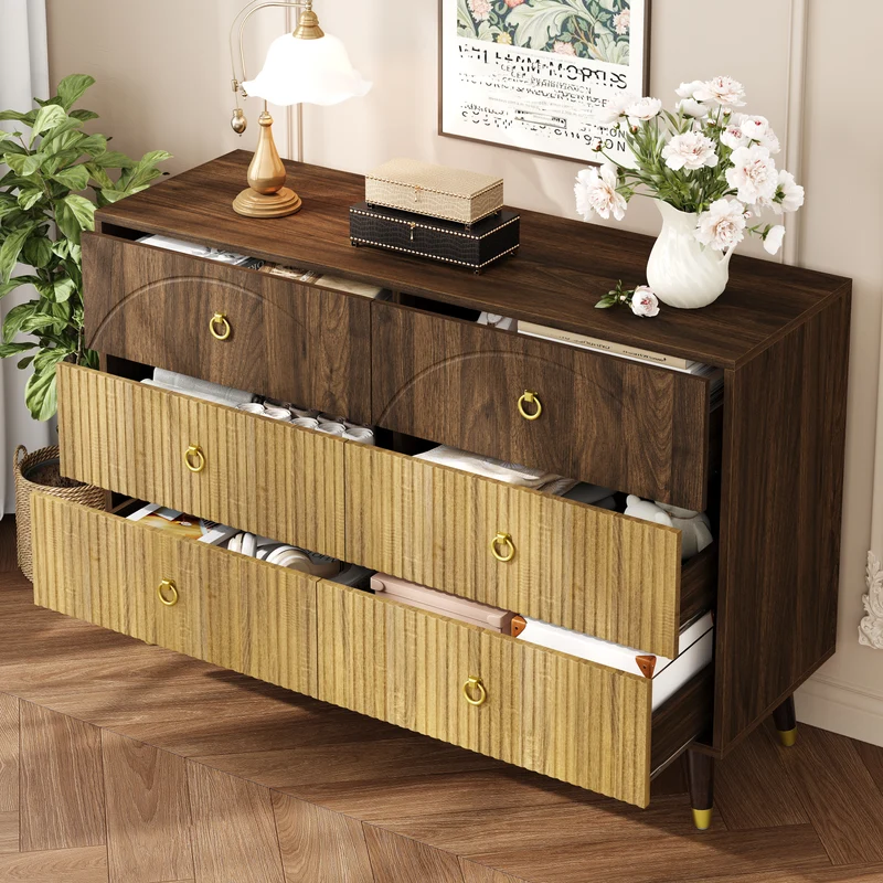 Buffet bois bicolore noyer et naturel avec accents dorés 120x40x81cm DRAPERY