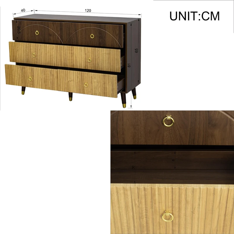 Buffet bois bicolore noyer et naturel avec accents dorés 120x40x81cm DRAPERY