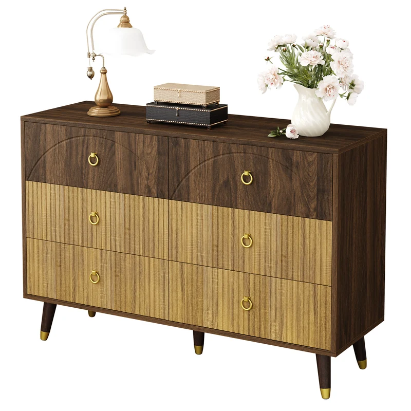 Buffet bois bicolore noyer et naturel avec accents dorés 120x40x81cm DRAPERY